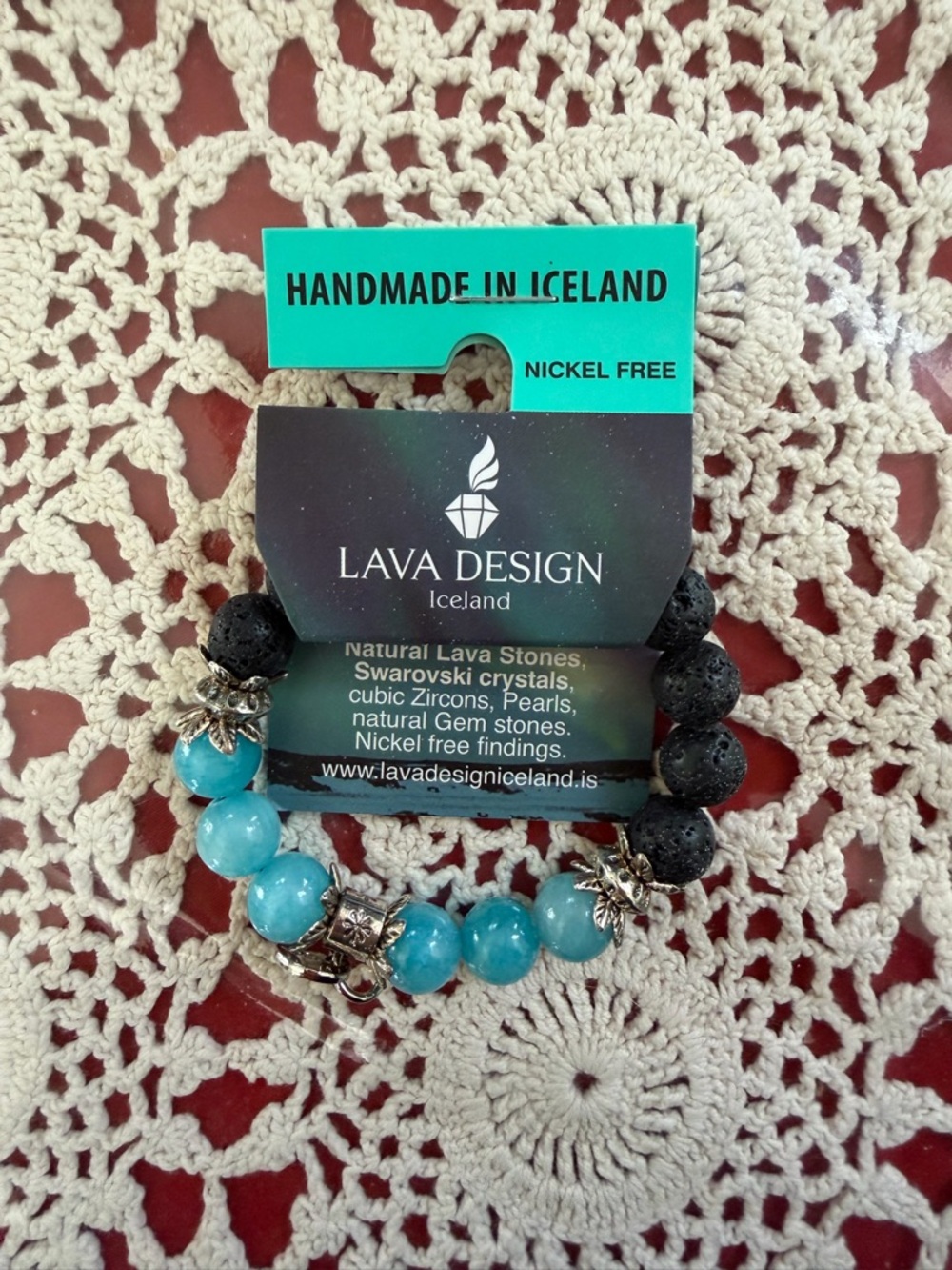 Brand new & Handmade from Iceland - Turquoise and Black Lava Beaded Bracelet